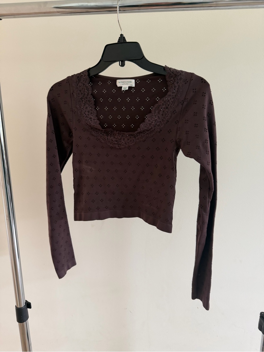 Altar'd State Brown Lace-Trim Long Sleeve Eyelet Top